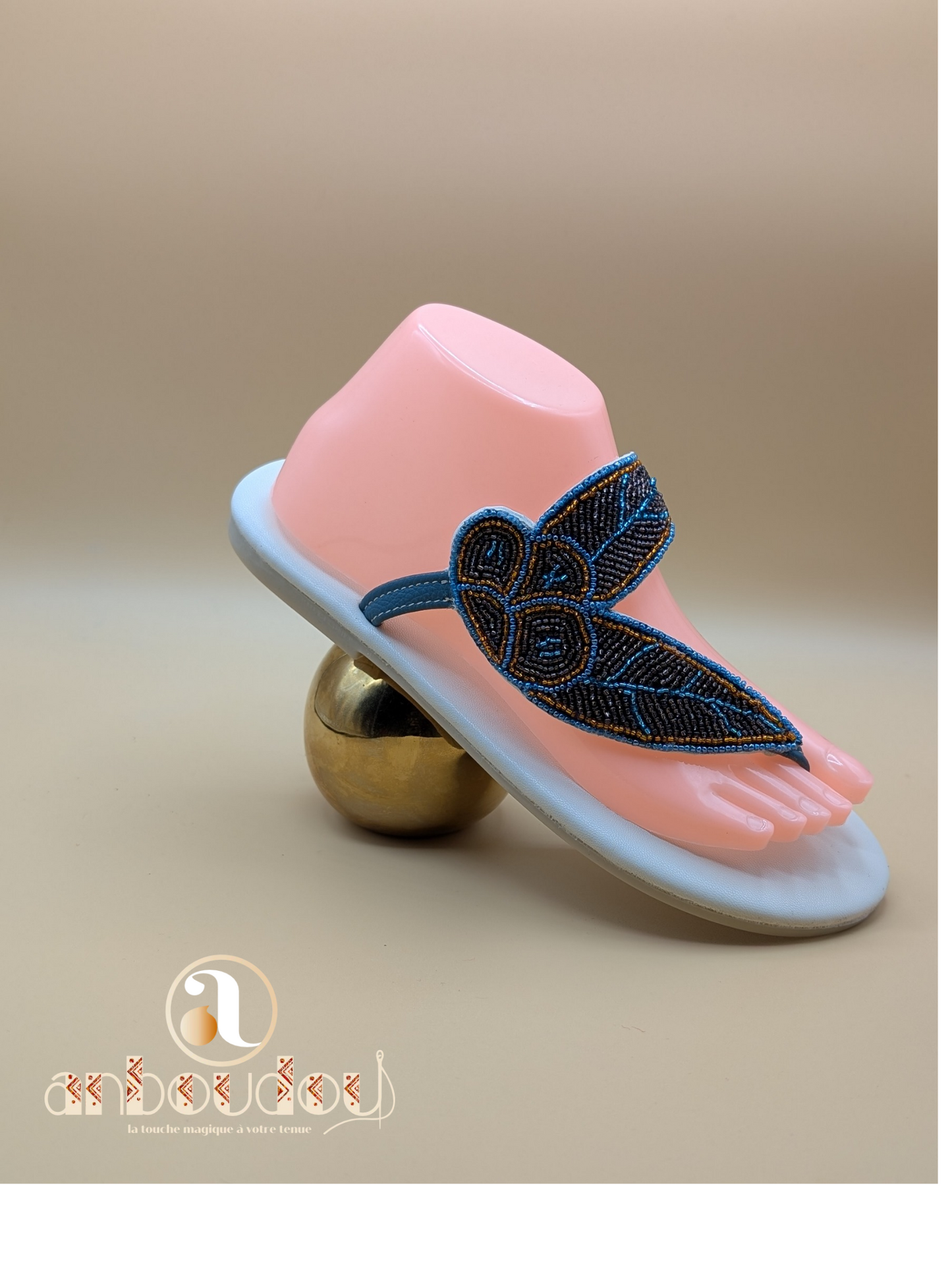 Sandale Youzy — Perles bleues & foulard vichy