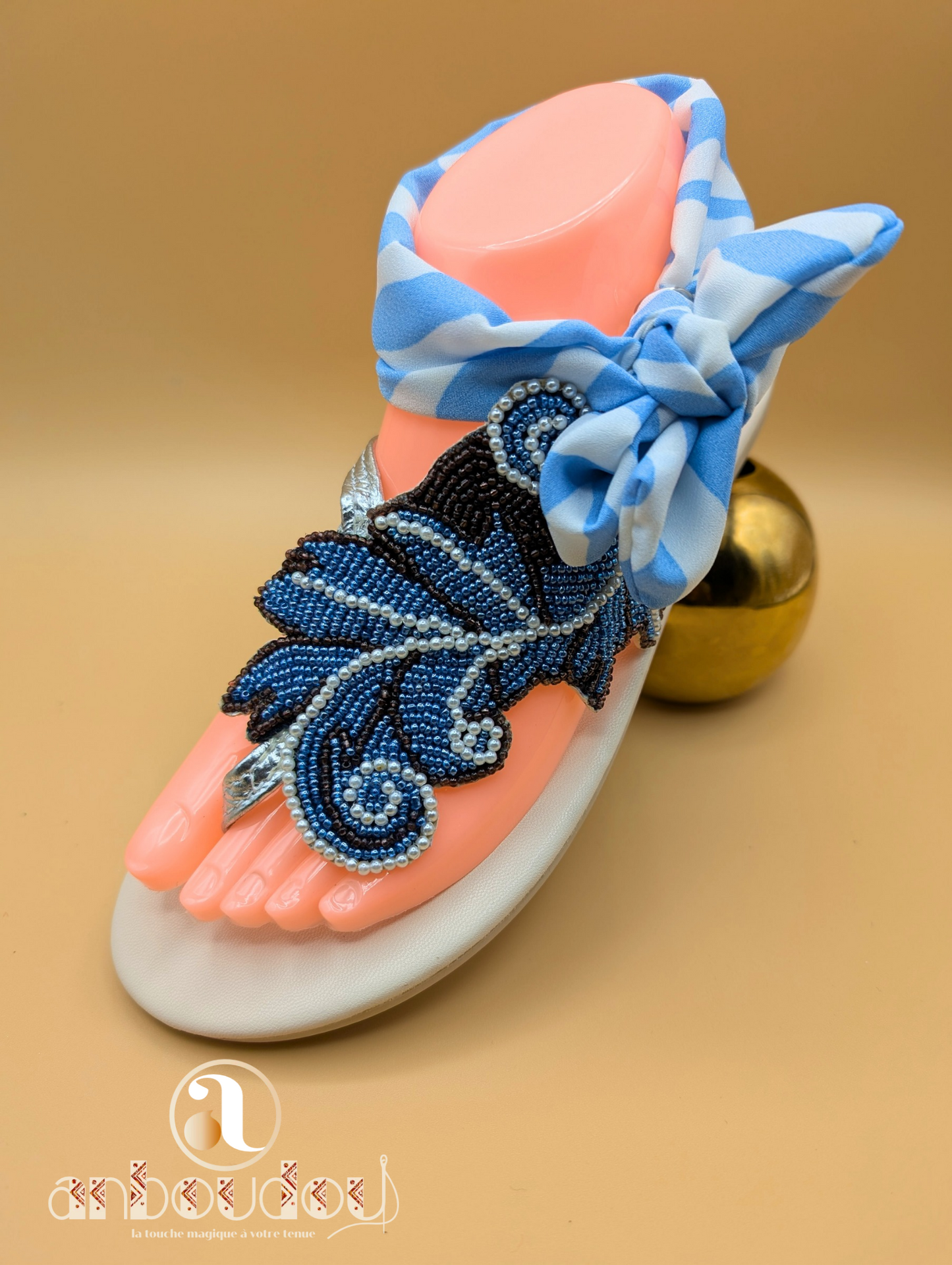 Sandale Youzy — Perles bleues & foulard vichy