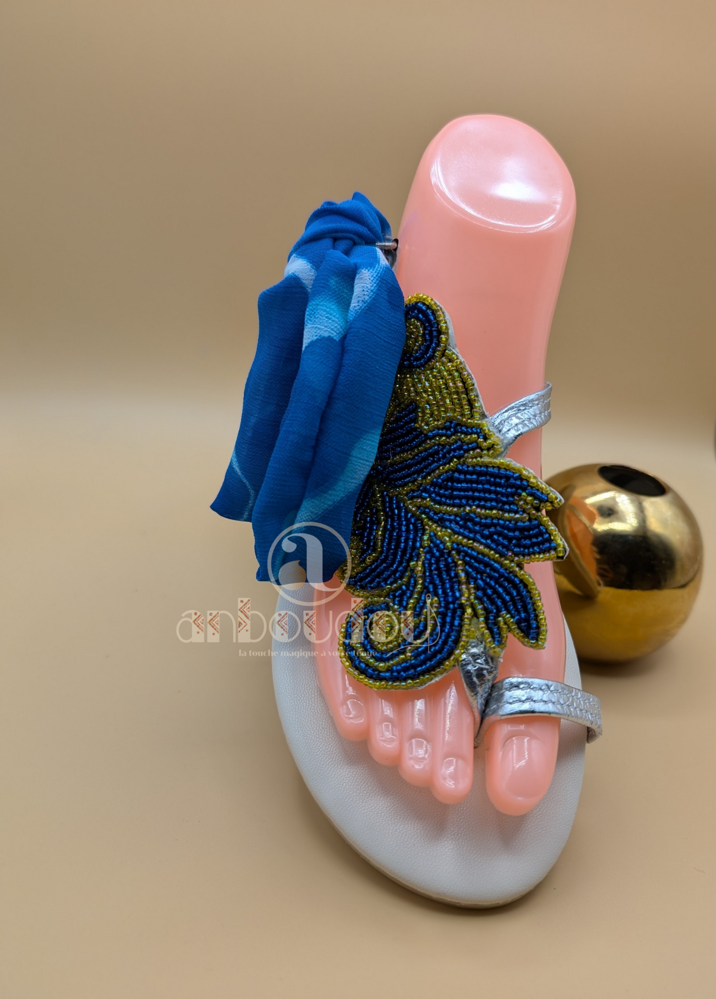 Sandale Youzy — Perles bleues & foulard vichy